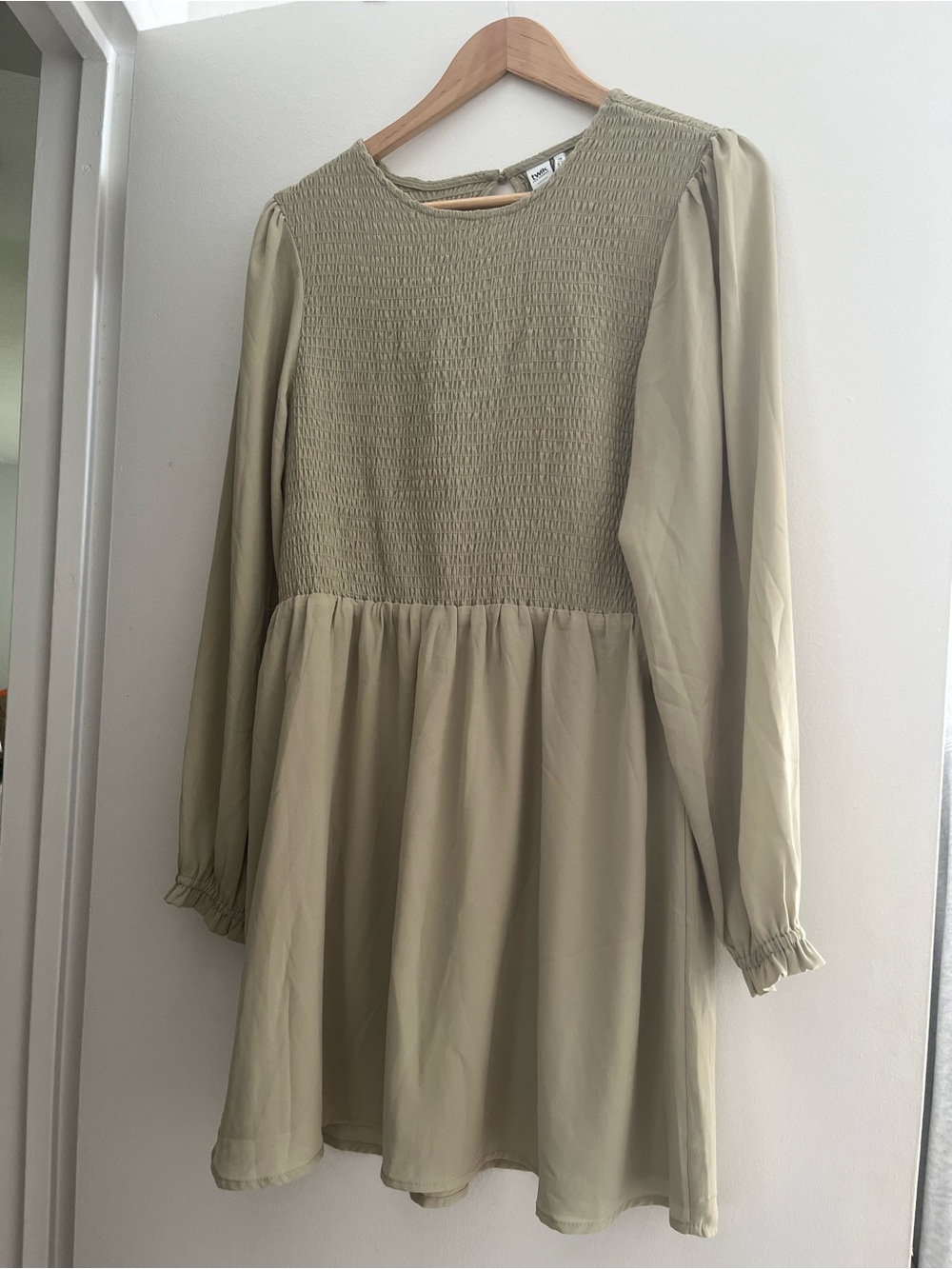 Simons Olive Green Smocked Long-Sleeve Dress